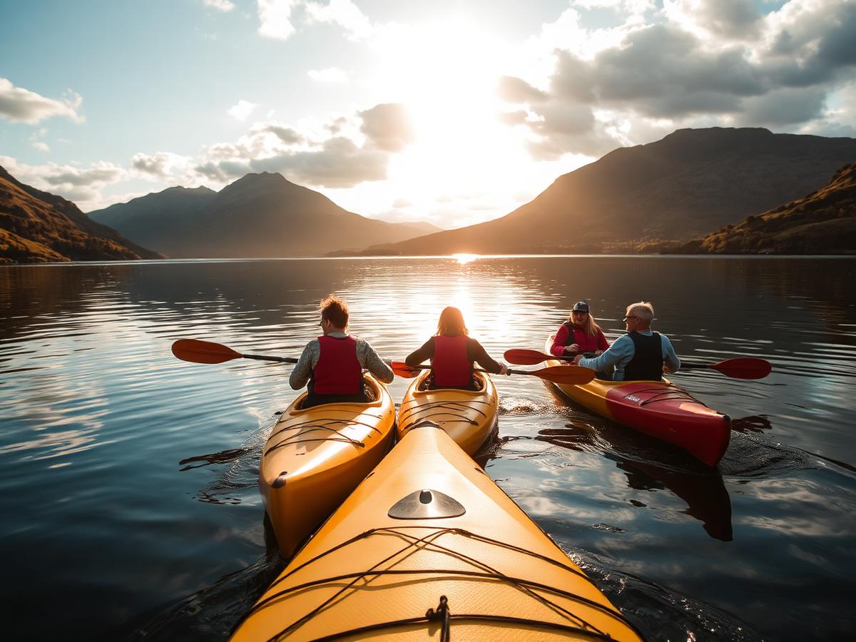 A group kayaking on a lake surrounded by Kerry mountains